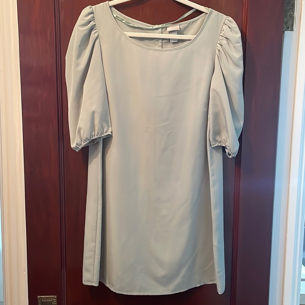 H&M mint green mini dress with puff sleeves and black ribbon belt - Size 14